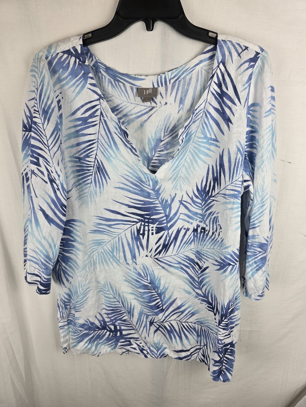 J. Jill Blue & White Palm-Print V-Neck 3/4th Length Sleeve Tunic Sz L